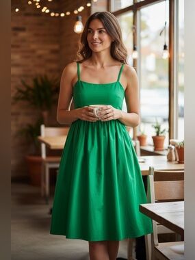 Old Navy Bright Green Midi Dress Medium NWT Cotton Stretch Waist Flowy Spring
